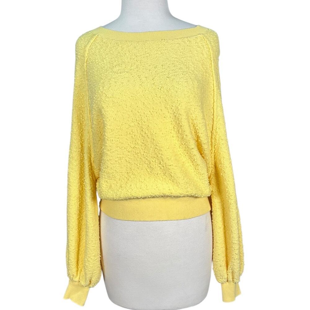 Free People XS Yellow Textured Knit Cropped Sweater Boho Slouchy Cozy